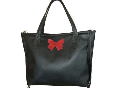 Women's Bag Leather Colour Nero. Mod. Martina Handicraft Bow Red