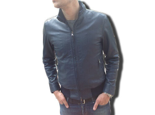 GIACCA DA UOMO ARTIGIANALE,GIUBBOTTO IN PELLE TRAFORATA BLU MOD.TRAF015