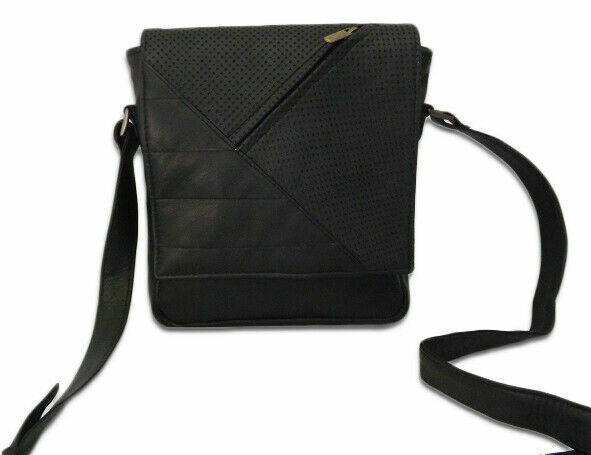 MEN'S LEATHER SHOULDER BAG WITH PERFORATED LEATHER INSERTS MOD DRILLED-NER