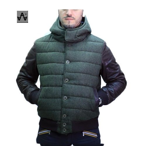 Mens Quilted Jacket Fabric Green & Leather Marronemod: Holly-Green Hooded