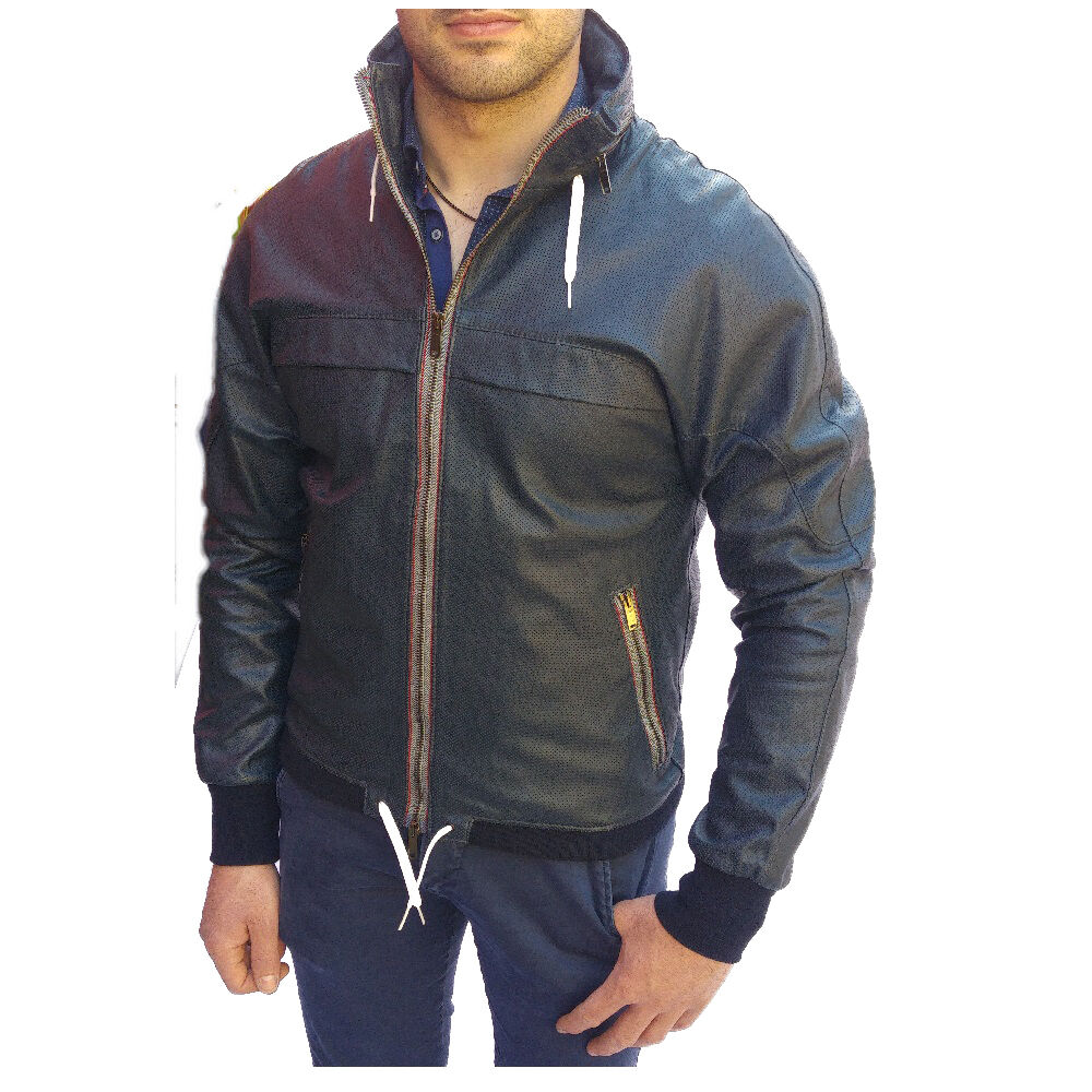 Chaqueta de Hombre Artesanal - Chaqueta de Cuero Perforado Azul Banny Perforado