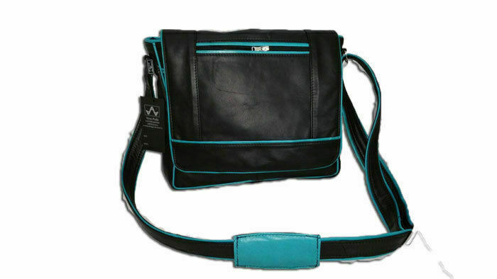 MEN'S SHOULDER BAG IN REAL CALF LEATHER, MOD: BAG 06 - BLACK / TURQUOI