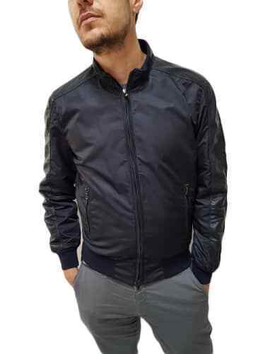 BOMBER DA UOMO ARTIGIANALE,MOD:GIUBBOTTO IN TESSUTO E PELLE TRAFORATA BLU. BOMB