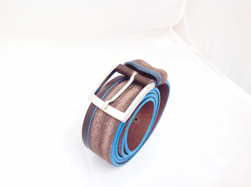 Ceinture Homme Cuir Véritable Sport Brun Rayé avec de Finition Turquoise