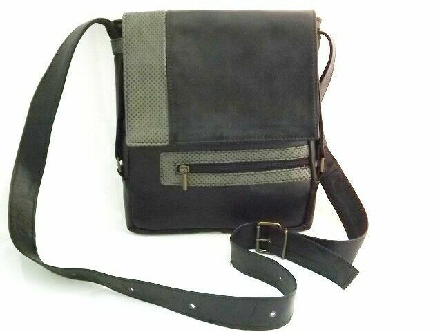 ECHTE LEDER-CROSSBODY-TASCHE IN SCHWARZ / PERFORIERTEM GRAU, MOD: MARIO-SCHWARZ