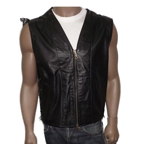 Vest Leather Men's, Real Italian Craftsmanship Model with Laces Motorcyclist