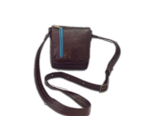 BORSELLO A TRACOLLA UOMO IN VERA PELLE , MOD: GIO MINI - BROWN/TURCHESE